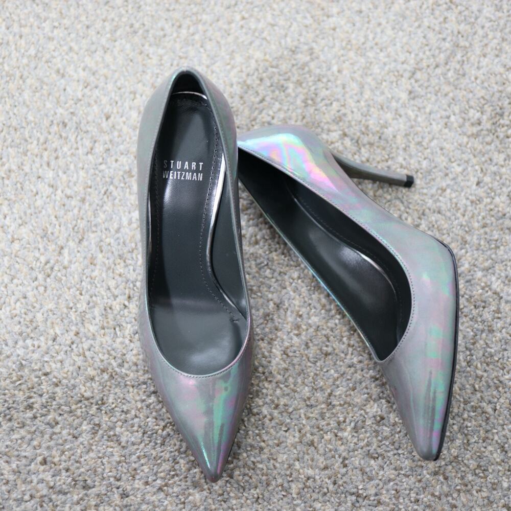 Stuart Weitzman Pump Heels Queen Iridescent Pewter Pointed Toe Leather